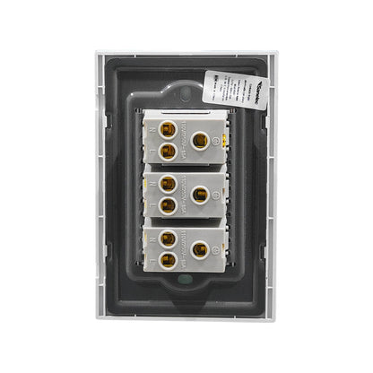 Placa de 3 contactos eléctricos Sanelec, 110V/250V 15A, vista posterior con terminales N y L.