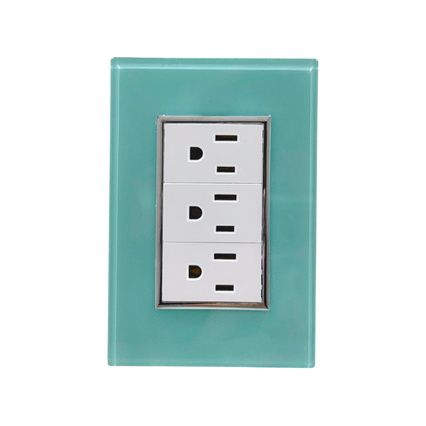 Placa de 3 contactos azul turquesa de cristal para pared, tomas de corriente polarizadas