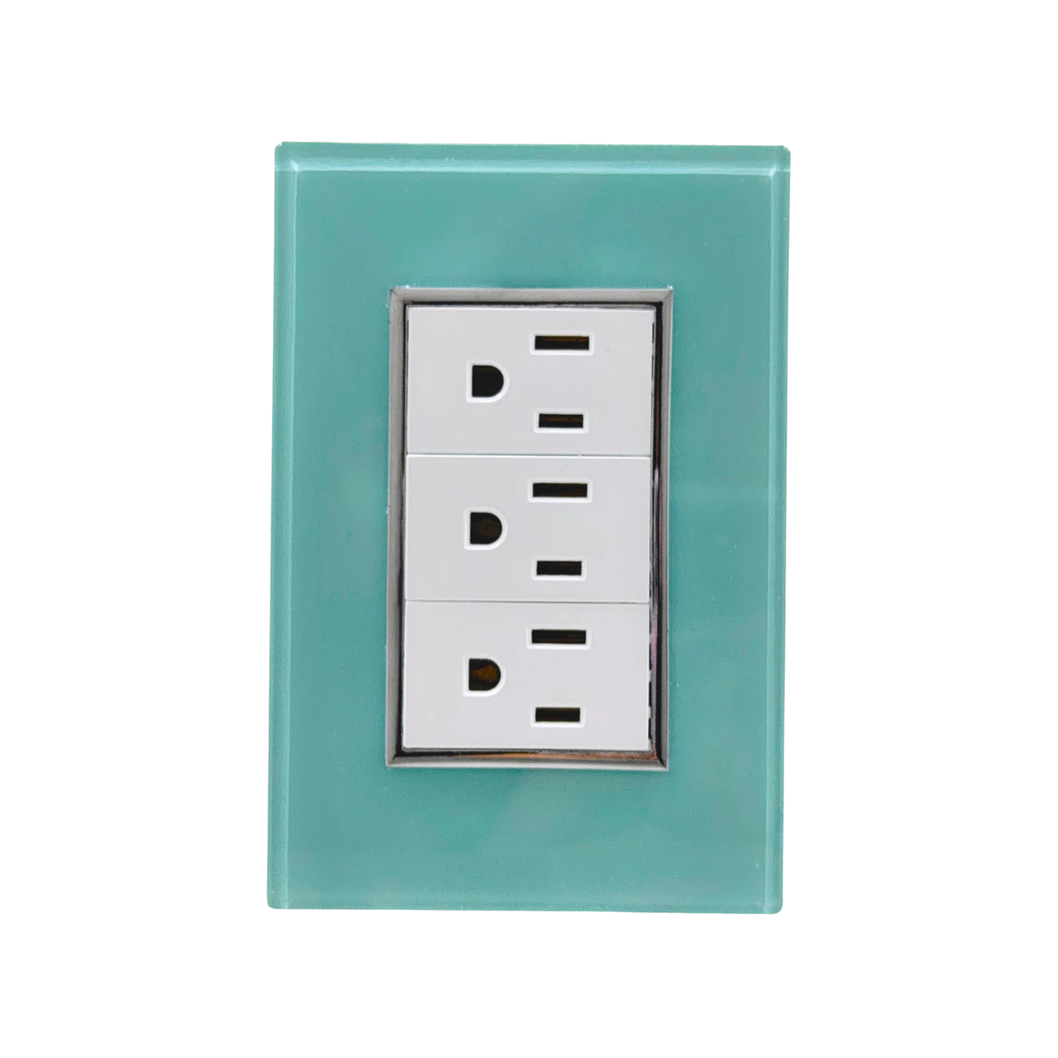 Placa de 3 contactos azul turquesa de cristal para pared, tomas de corriente polarizadas