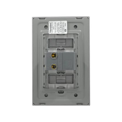 Apagador sencillo Sanelec gris con placa, vista posterior de conexiones eléctricas 127V 15A modelo 4674
