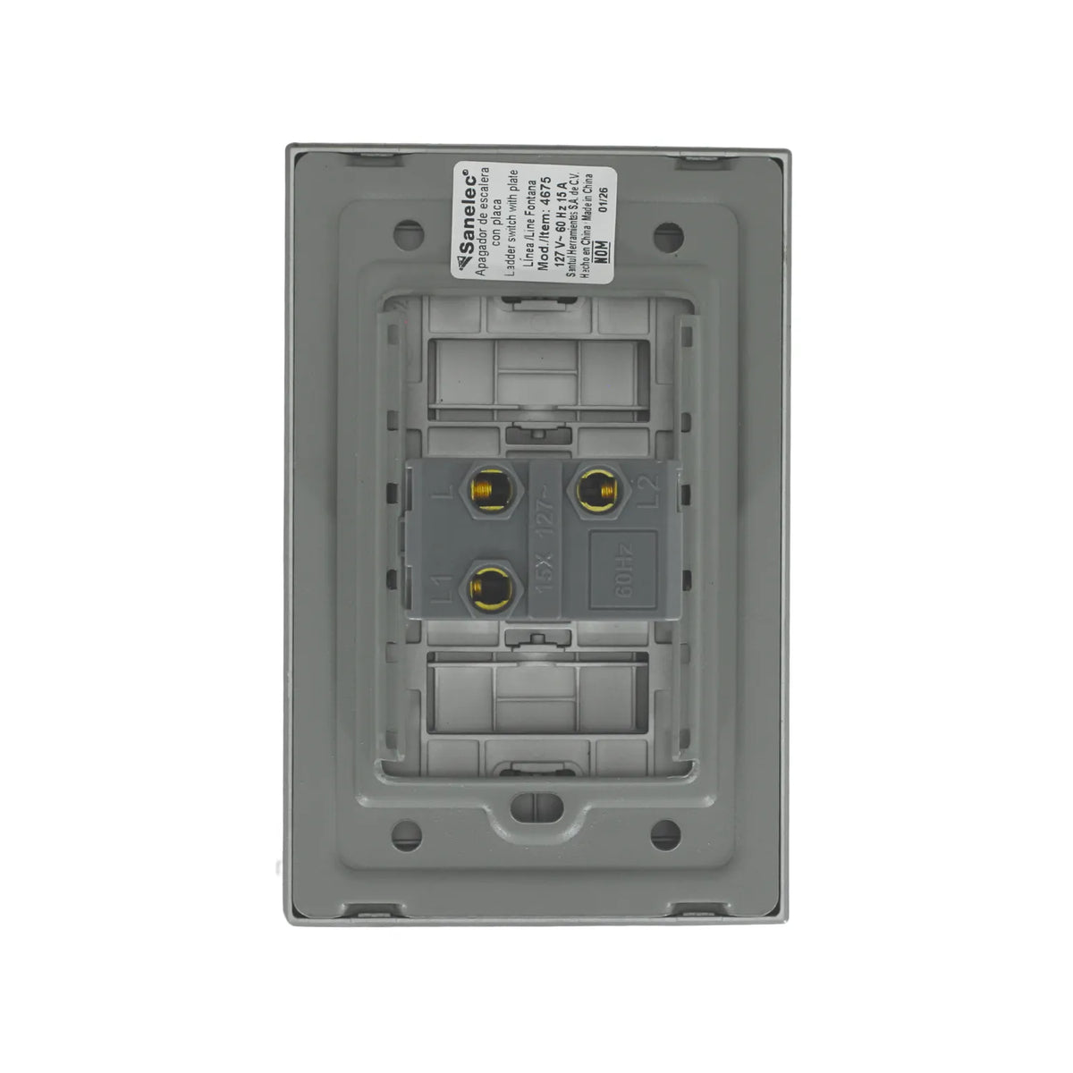 Apagador de escalera Sanelec con placa línea Fontana gris 127V 15A terminales de conexión.