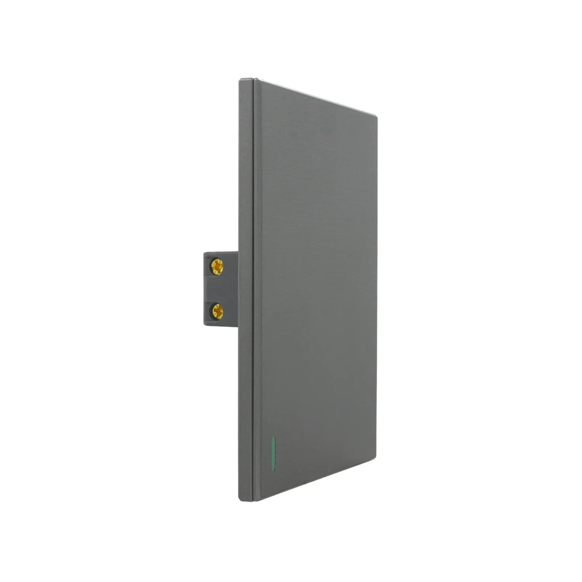 Interruptor de pared gris moderno con indicador LED verde y diseño minimalista para instalaciones eléctricas.