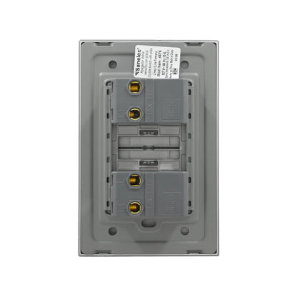 Apagador doble Sanelec gris vista trasera con terminales de conexión L y L1 para instalaciones eléctricas de 127V 15A