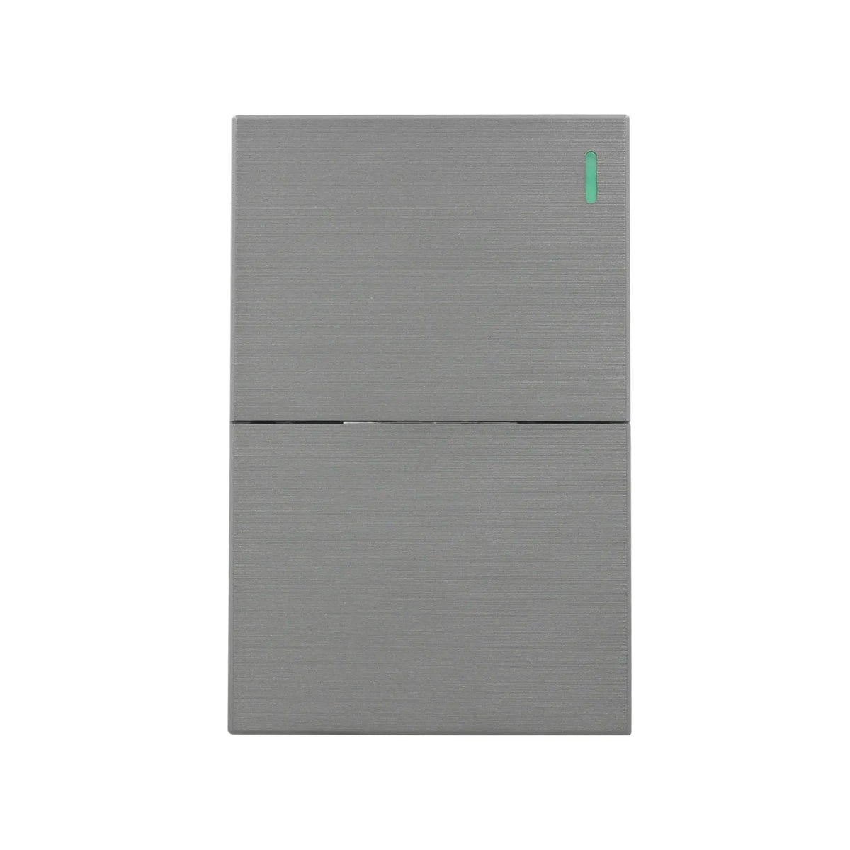 Interruptor doble gris metálico acabado cepillado con luz piloto LED verde para instalaciones eléctricas modernas.