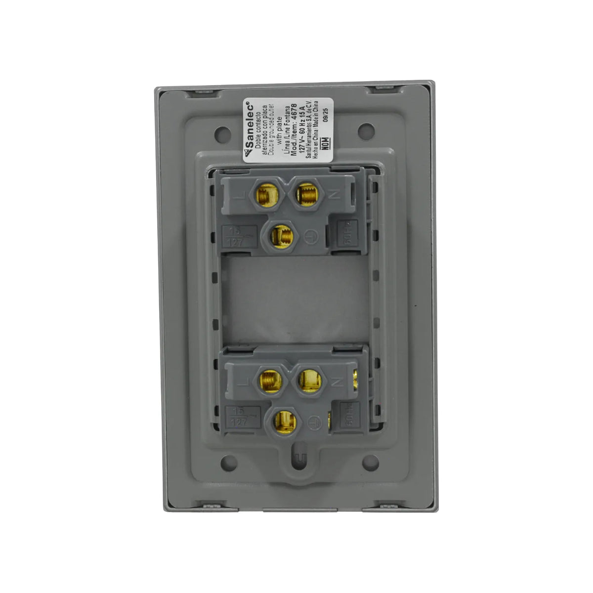 Contacto doble aterrizado Sanelec línea Fontana color gris, vista trasera de terminales para instalación eléctrica.