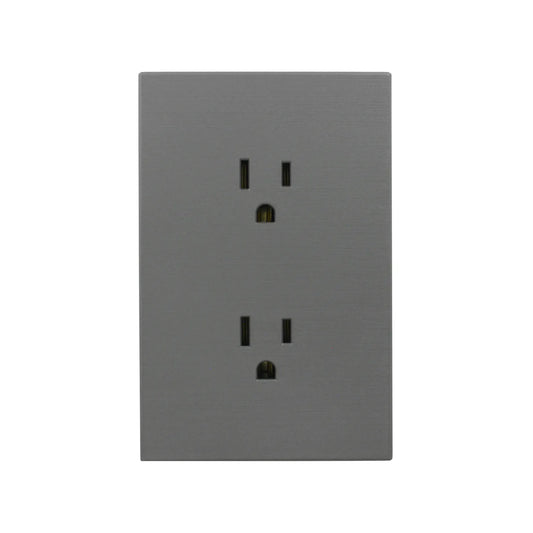 Tomacorriente doble con placa gris de acabado mate diseño sin tornillos para instalaciones eléctricas modernas.