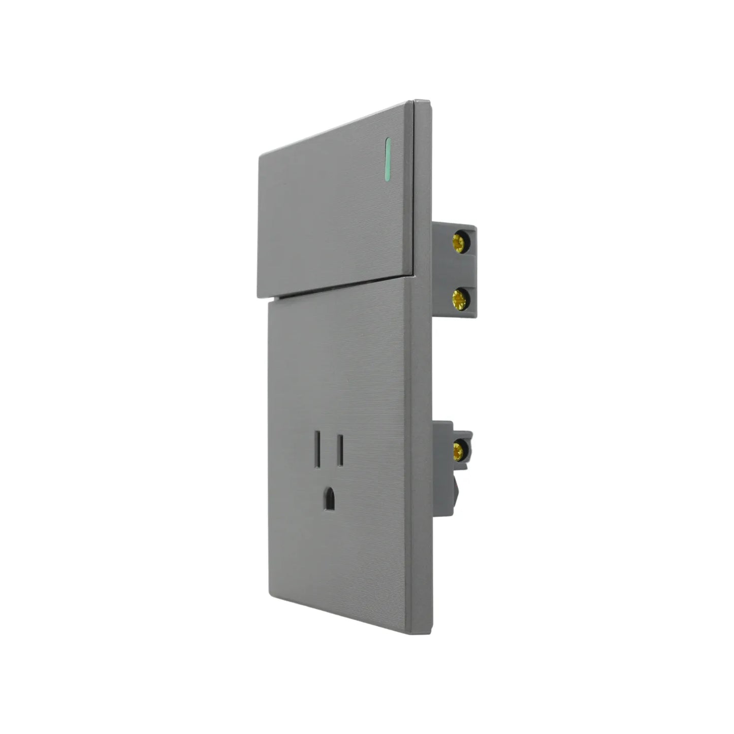 Interruptor y enchufe combinado color gris cepillado, diseño moderno para pared con contacto de tierra y luz piloto.