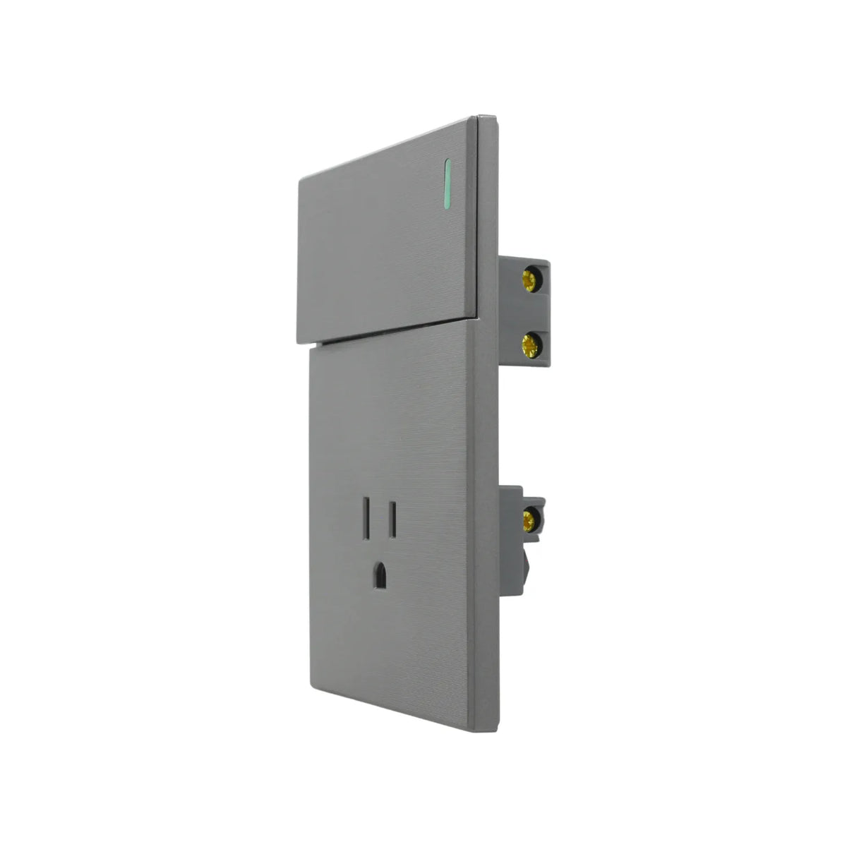 Interruptor y enchufe combinado color gris cepillado, diseño moderno para pared con contacto de tierra y luz piloto.