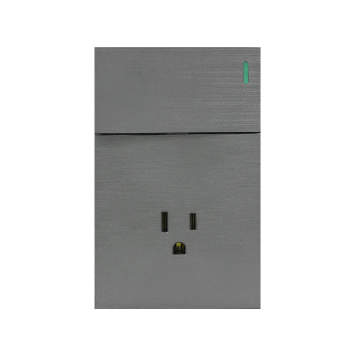 Interruptor y tomacorriente gris metalizado con luz piloto LED verde para instalaciones eléctricas de diseño moderno