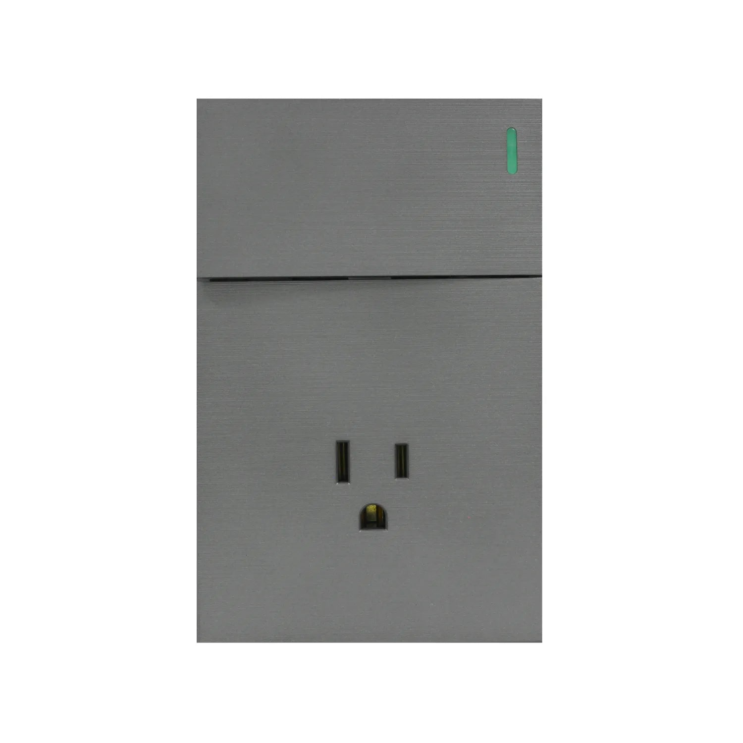 Interruptor y tomacorriente gris metalizado con luz piloto LED verde para instalaciones eléctricas de diseño moderno