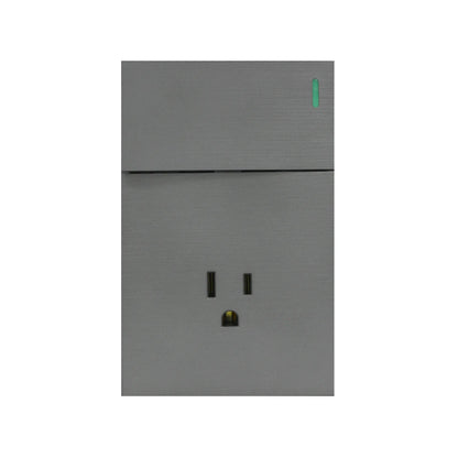 Interruptor y tomacorriente gris metalizado con luz piloto LED verde para instalaciones eléctricas de diseño moderno