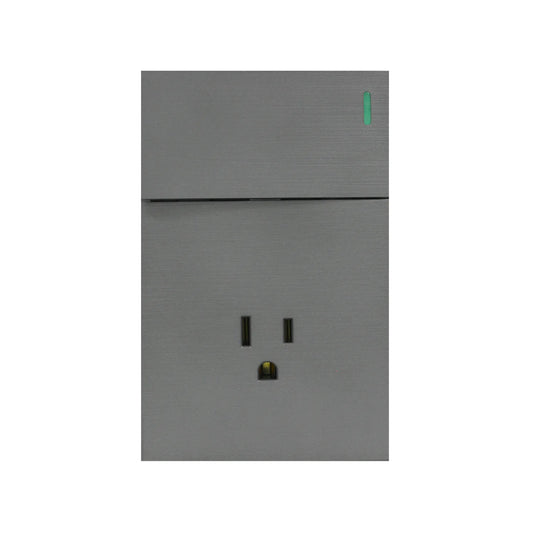 Interruptor y tomacorriente gris metalizado con luz piloto LED verde para instalaciones eléctricas de diseño moderno