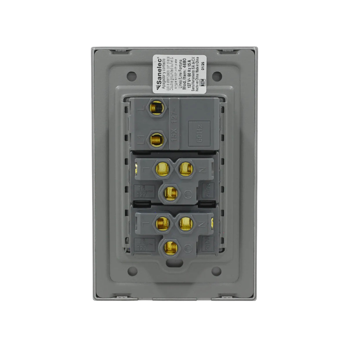 Apagador sencillo y contacto doble Sanelec Fontana gris vista trasera con terminales para instalación eléctrica