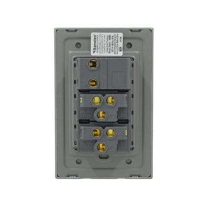 Apagador sencillo y contacto doble Sanelec Fontana gris vista trasera con terminales para instalación eléctrica