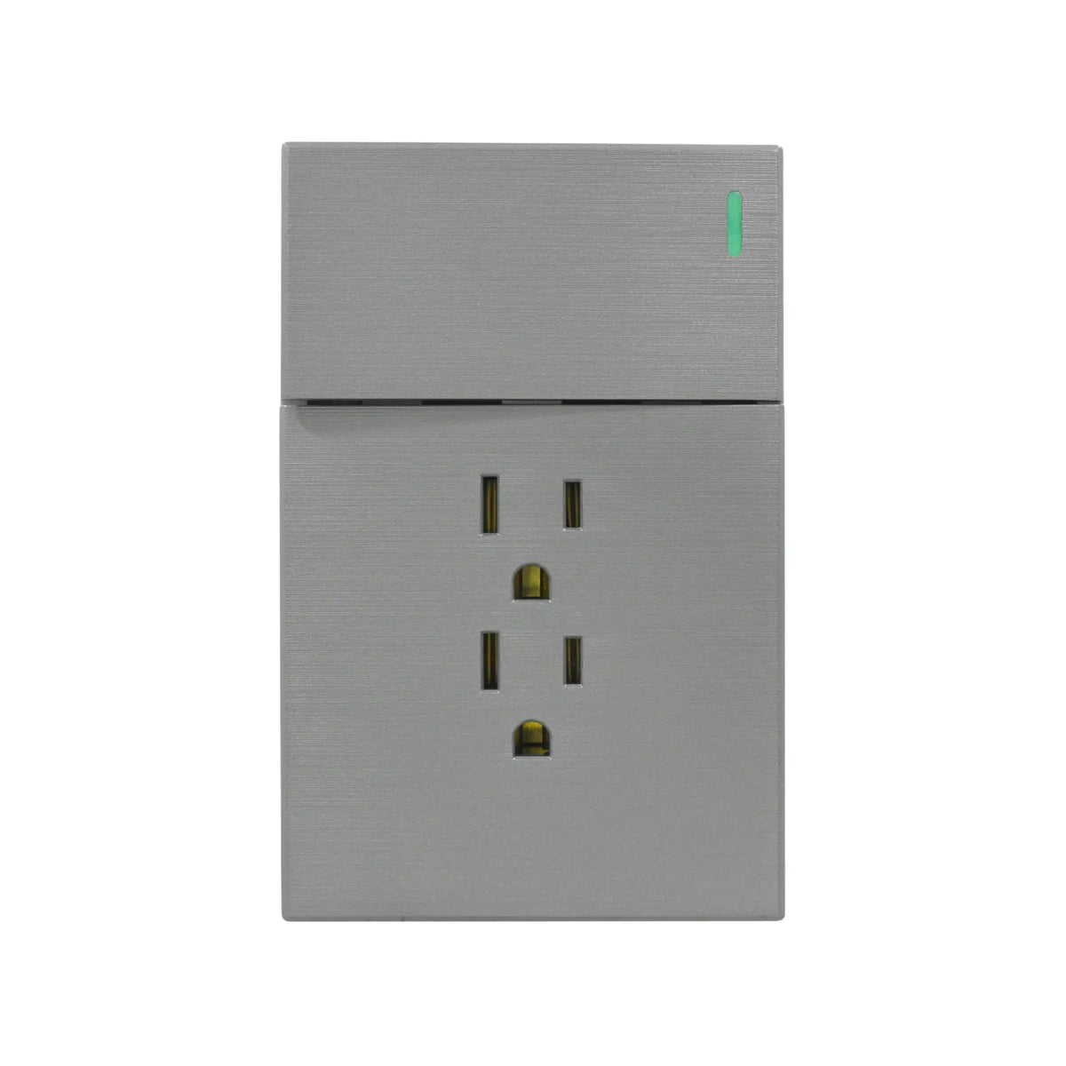 Tomacorriente doble gris metalizado con interruptor y luz LED verde para pared diseño moderno