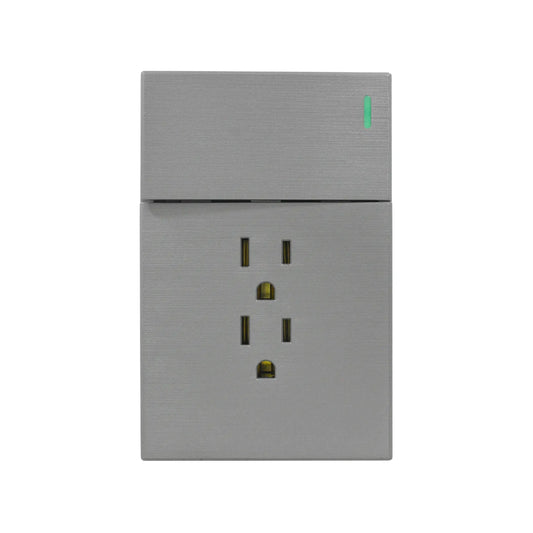 Tomacorriente doble gris metalizado con interruptor y luz LED verde para pared diseño moderno