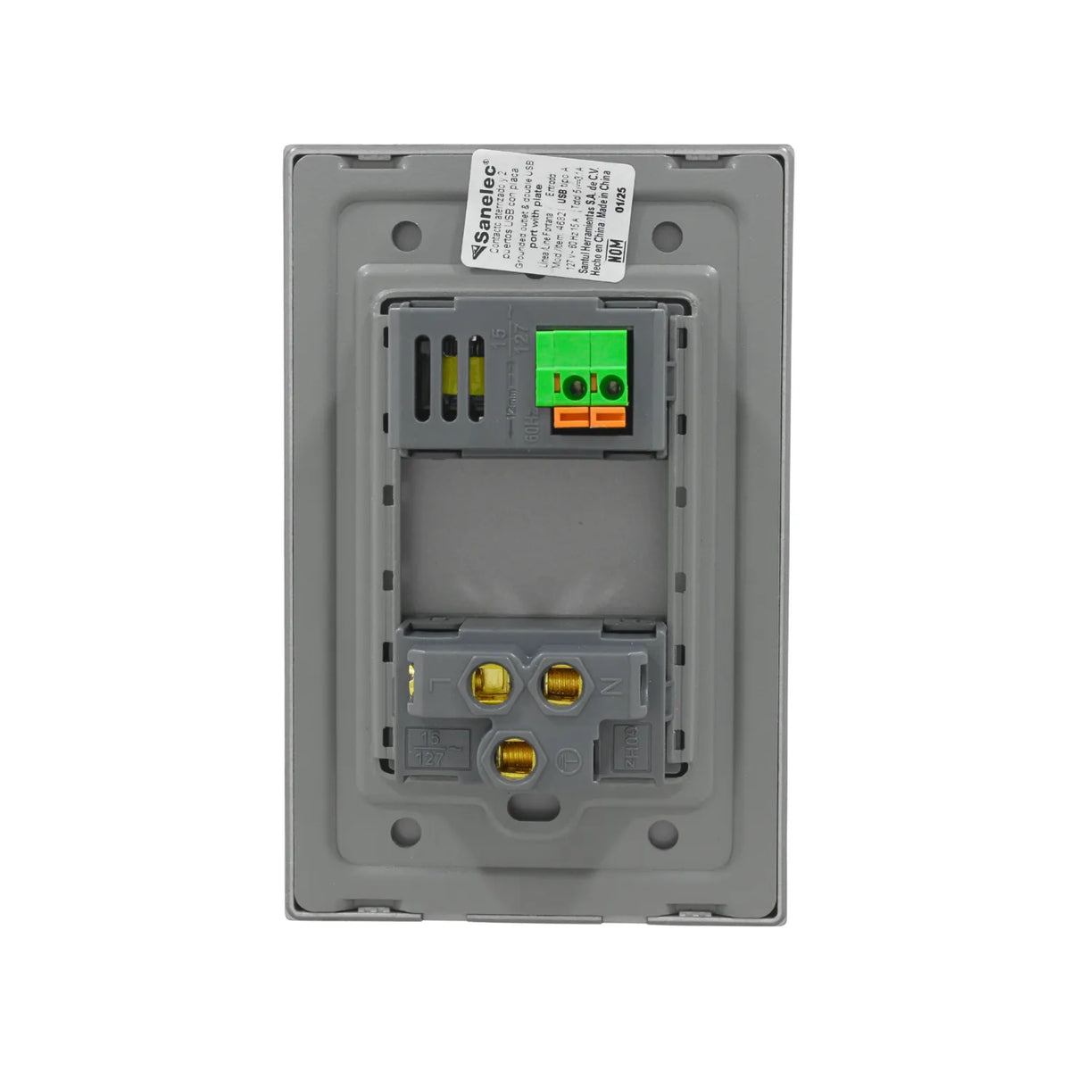 Vista trasera contacto aterrizado Sanelec con USB y terminales de conexión para instalación eléctrica de pared gris.