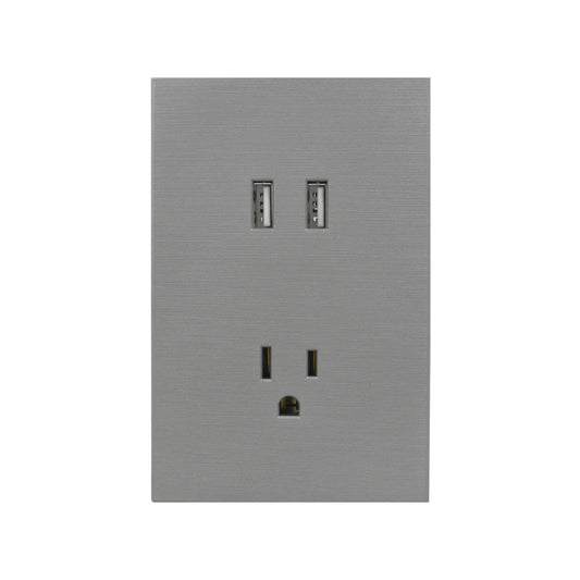 Tomacorriente gris con 2 puertos USB y contacto aterrizado acabado metálico cepillado para pared