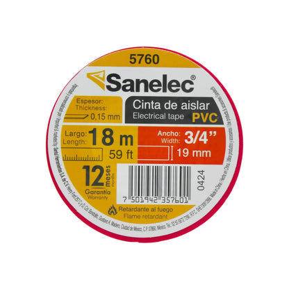 Cinta aislante eléctrica Sanelec 5760 roja PVC 18m x 19mm, retardante al fuego, 0.15mm de espesor