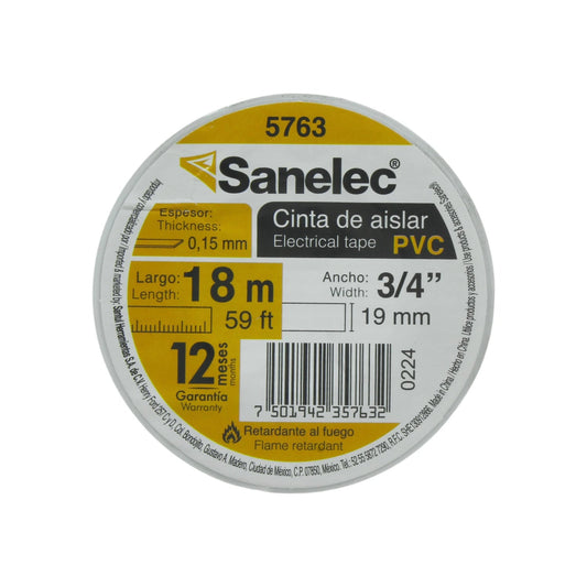 Cinta de aislar eléctrica Sanelec 5763 blanca 18m x 19mm, 0.15mm espesor, retardante al fuego para instalaciones seguras