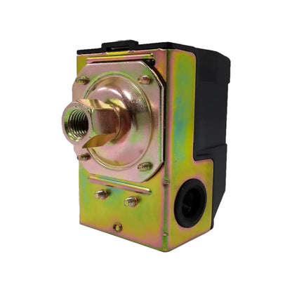 Presostato compresor automático industrial, carcasa metálica dorada, conexión roscada para control de presión.