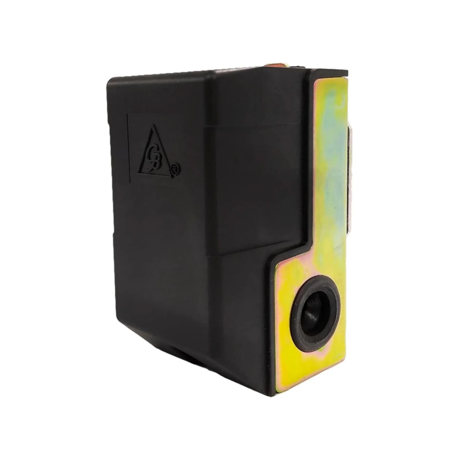 Presostato para compresor, control de presión industrial, caja negra con soporte metálico dorado y conexión