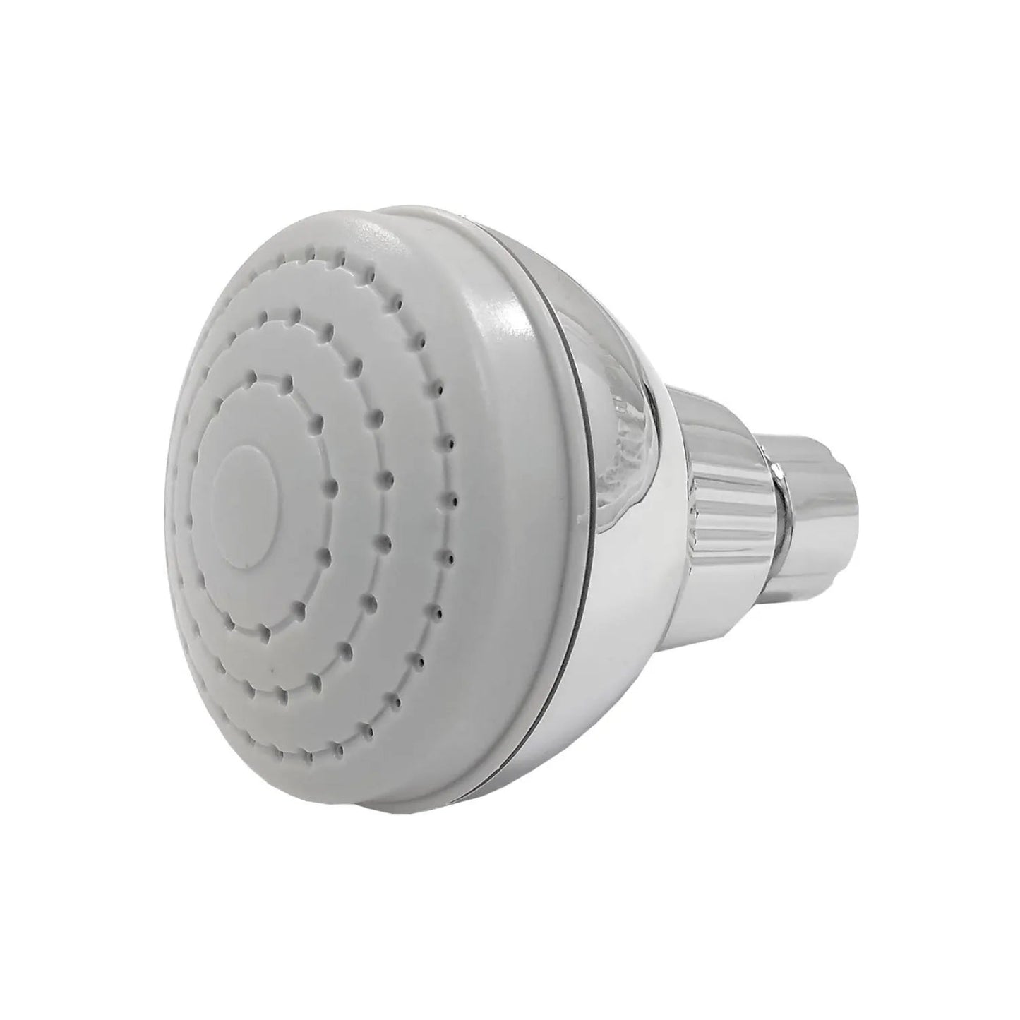 Regadera de ducha redonda cromada, cabezal blanco con múltiples orificios, compacta para baño