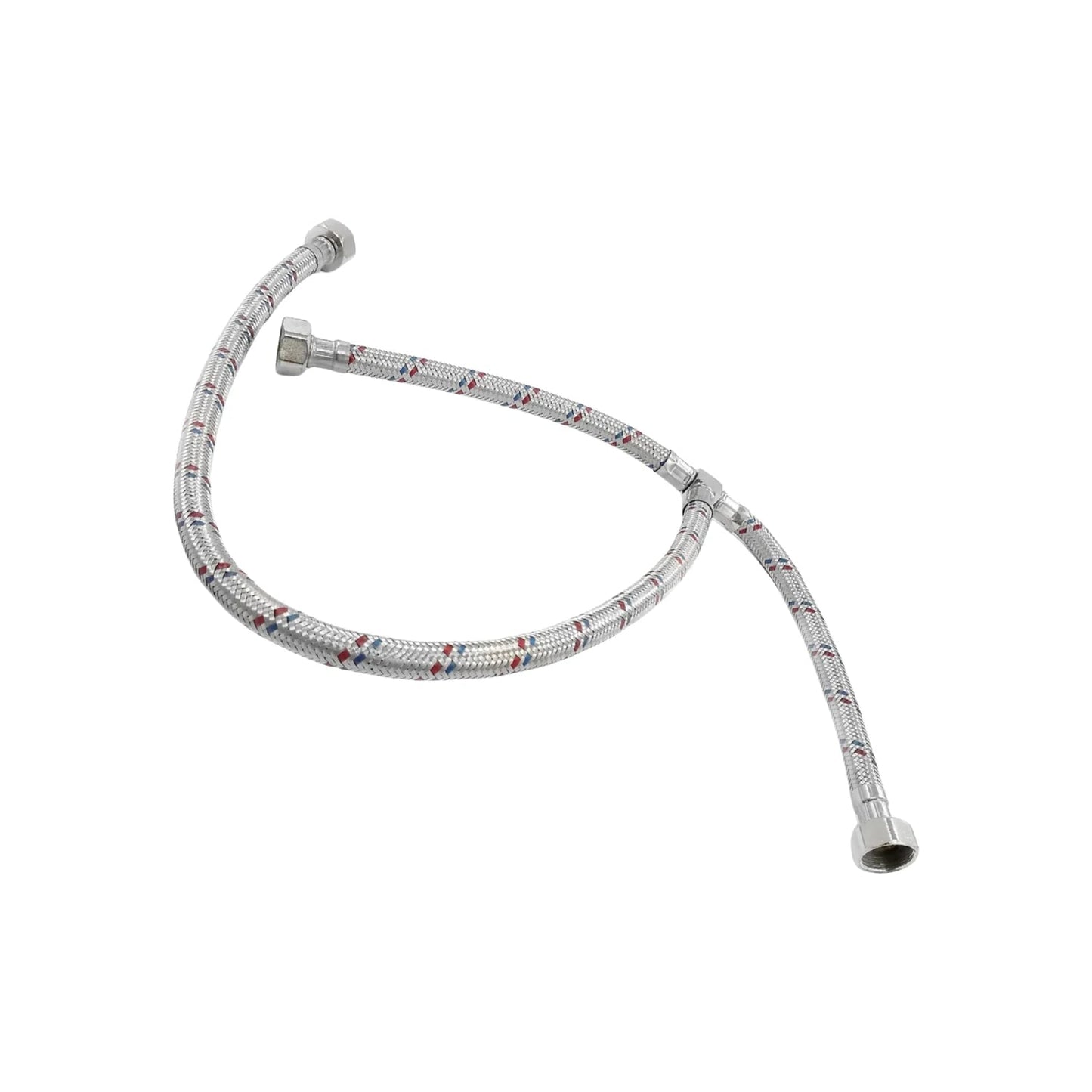 Manguera flexible de acero inoxidable con conexión tipo T para fregadero o grifo, trenzado rojo y azul.