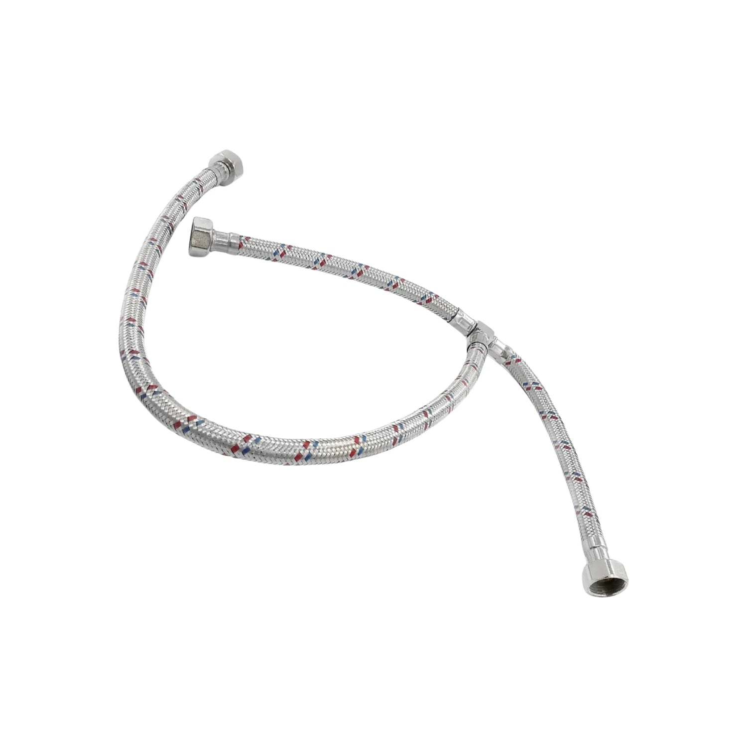 Manguera flexible de acero inoxidable con conexión tipo T para fregadero o grifo, trenzado rojo y azul.