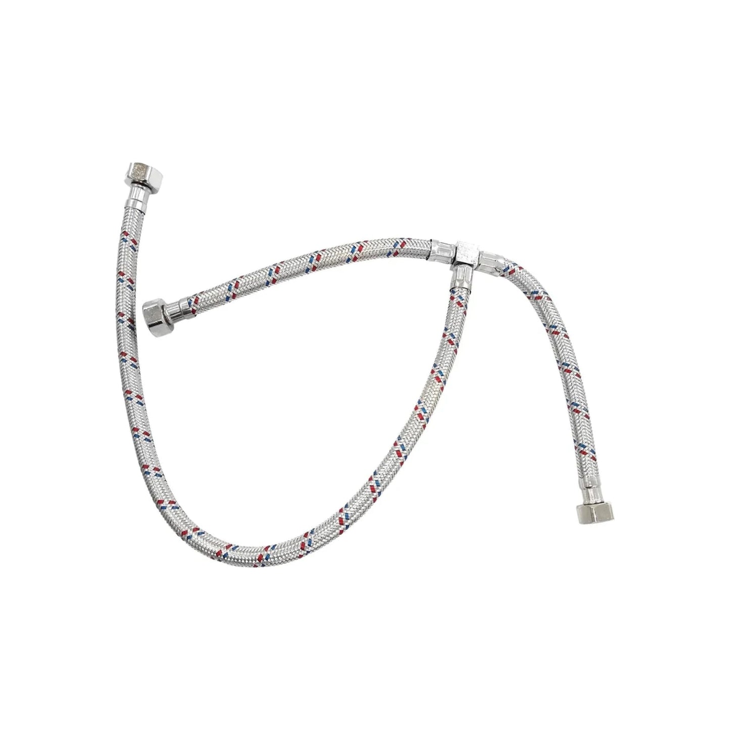 Manguera flexible trenzada de acero inoxidable 50 cm con conector tipo T para fregadero, detalles rojos y azules