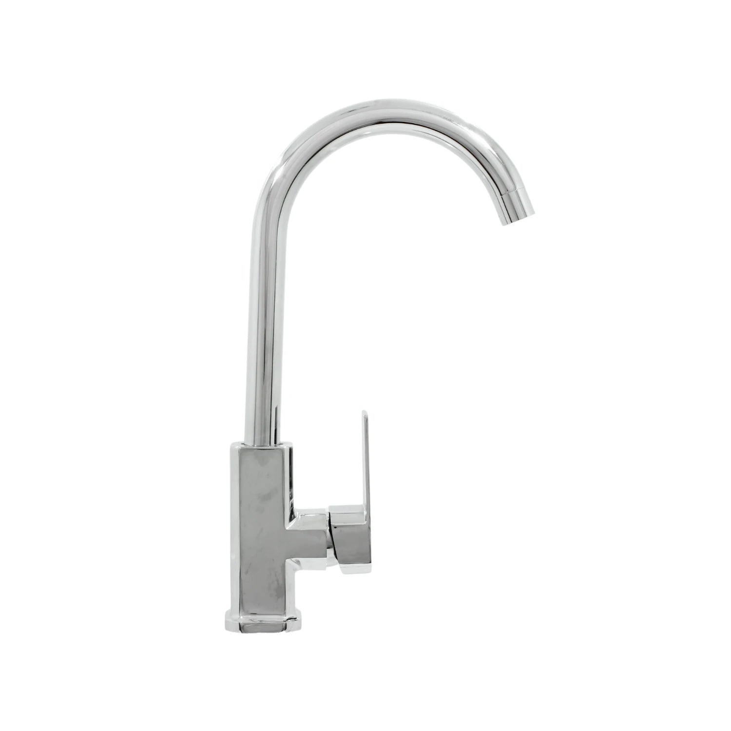 Mezcladora monomando cromada para fregadero de cocina con cuello alto, diseño moderno y base cuadrada.