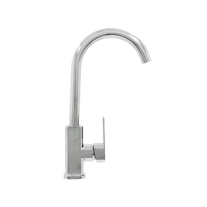 Mezcladora monomando cromada para fregadero de cocina con cuello alto, diseño moderno y base cuadrada.