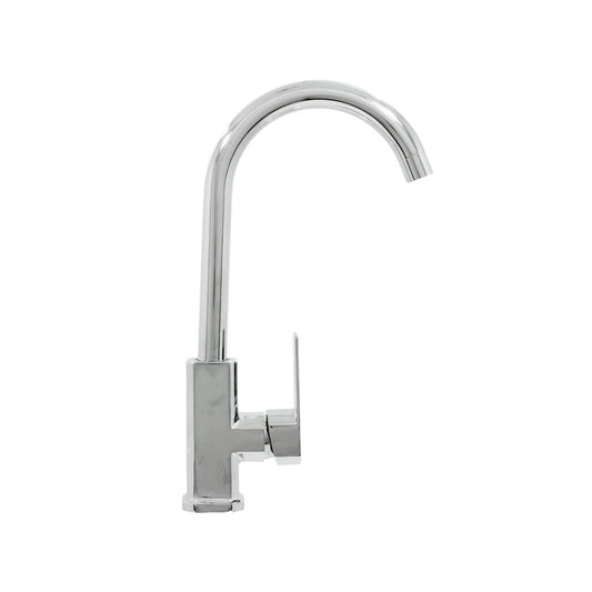 Mezcladora monomando cromada para fregadero de cocina con cuello alto, diseño moderno y base cuadrada.