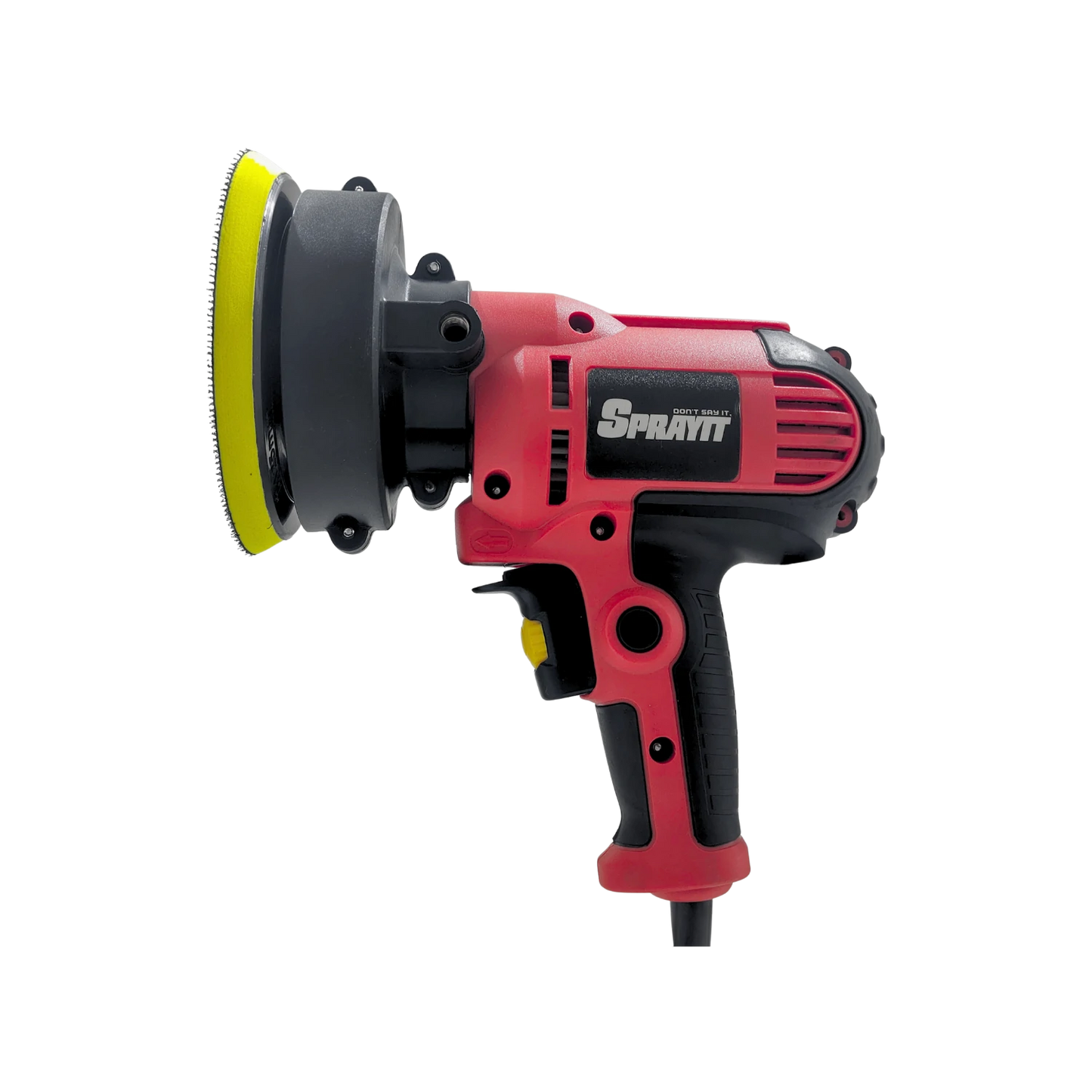 Pulidora eléctrica Sprayit roja y negra con almohadilla de pulido amarilla y mango ergonómico.