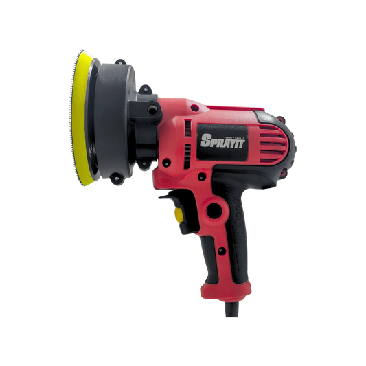 Pulidora eléctrica Sprayit roja y negra con almohadilla de pulido amarilla y mango ergonómico.