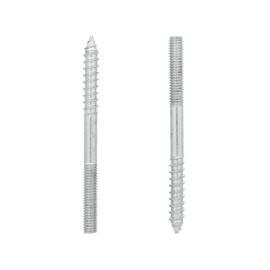 Par de tornillos de doble rosca espárrago, una parte para madera y otra métrica, metálicos plateados