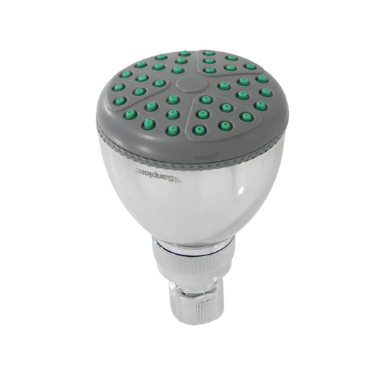 Regadera de ducha fija Sanplom cromada con boquillas verdes de silicona anticalcáreas y rótula ajustable