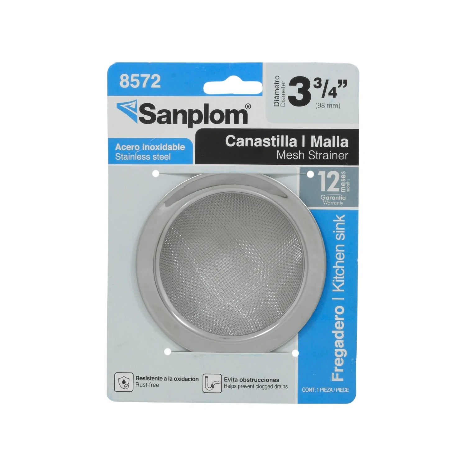 Cedazo colador de malla Sanplom 8572 para fregadero, acero inoxidable 3 3/4" (98mm), resistente a oxidación