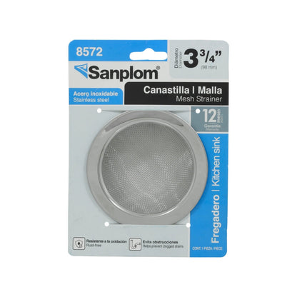 Cedazo colador de malla Sanplom 8572 para fregadero, acero inoxidable 3 3/4" (98mm), resistente a oxidación