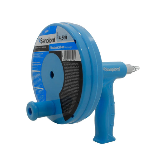 Destapacaños de tambor manual Sanplom azul 4.5m con resorte de acero, ideal para desatascar tuberías y desagües.