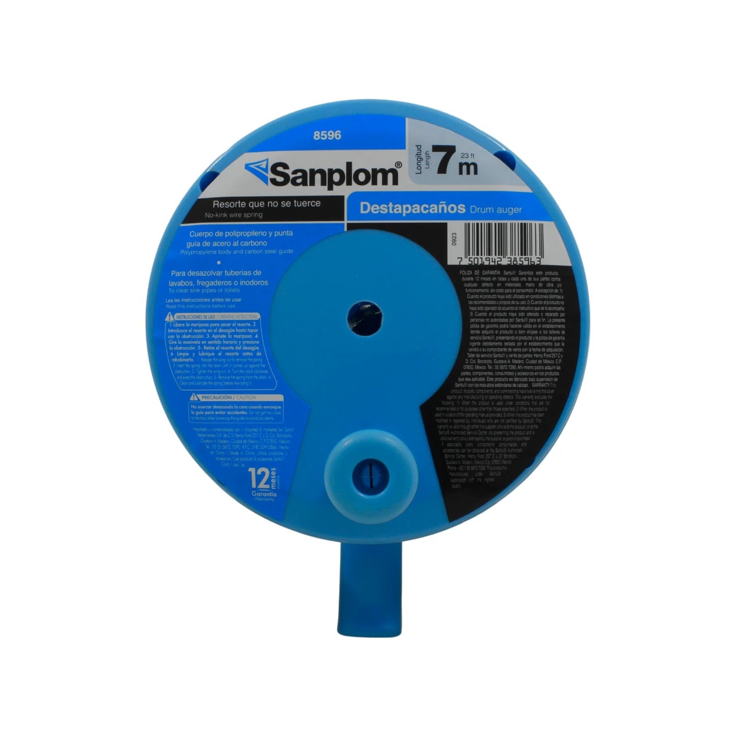 Destapacaños de resorte Sanplom 8596 azul 7m anti-doblez para desazolve de tuberías, lavabos y WC.