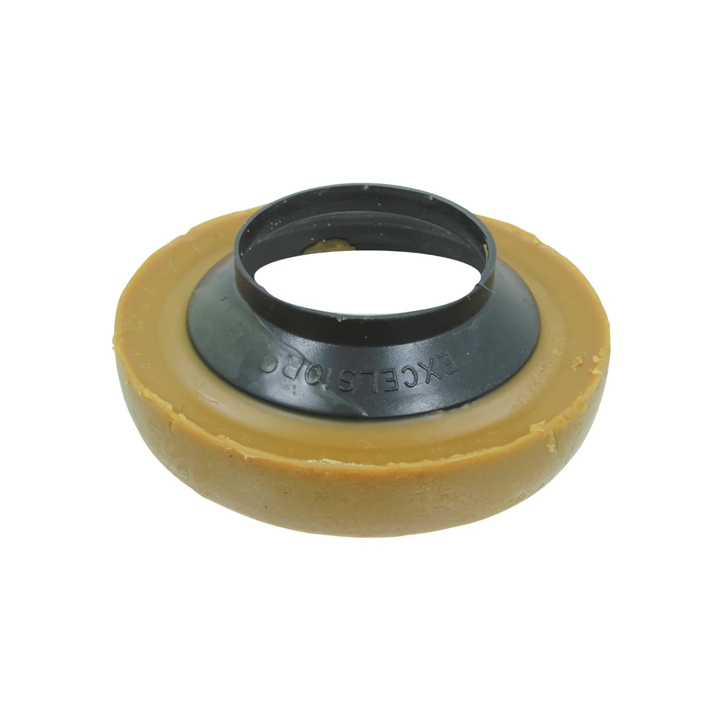 Anillo de cera marrón EXCELSIOR para inodoro, con embudo guía de plástico negro.