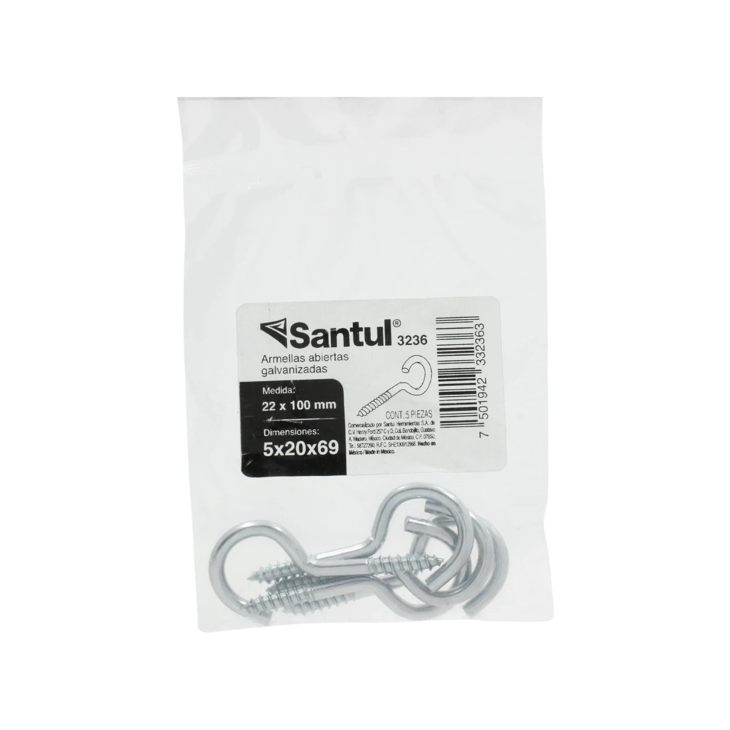 Armella abierta galvanizada Santul 22x100mm paquete de 5 piezas