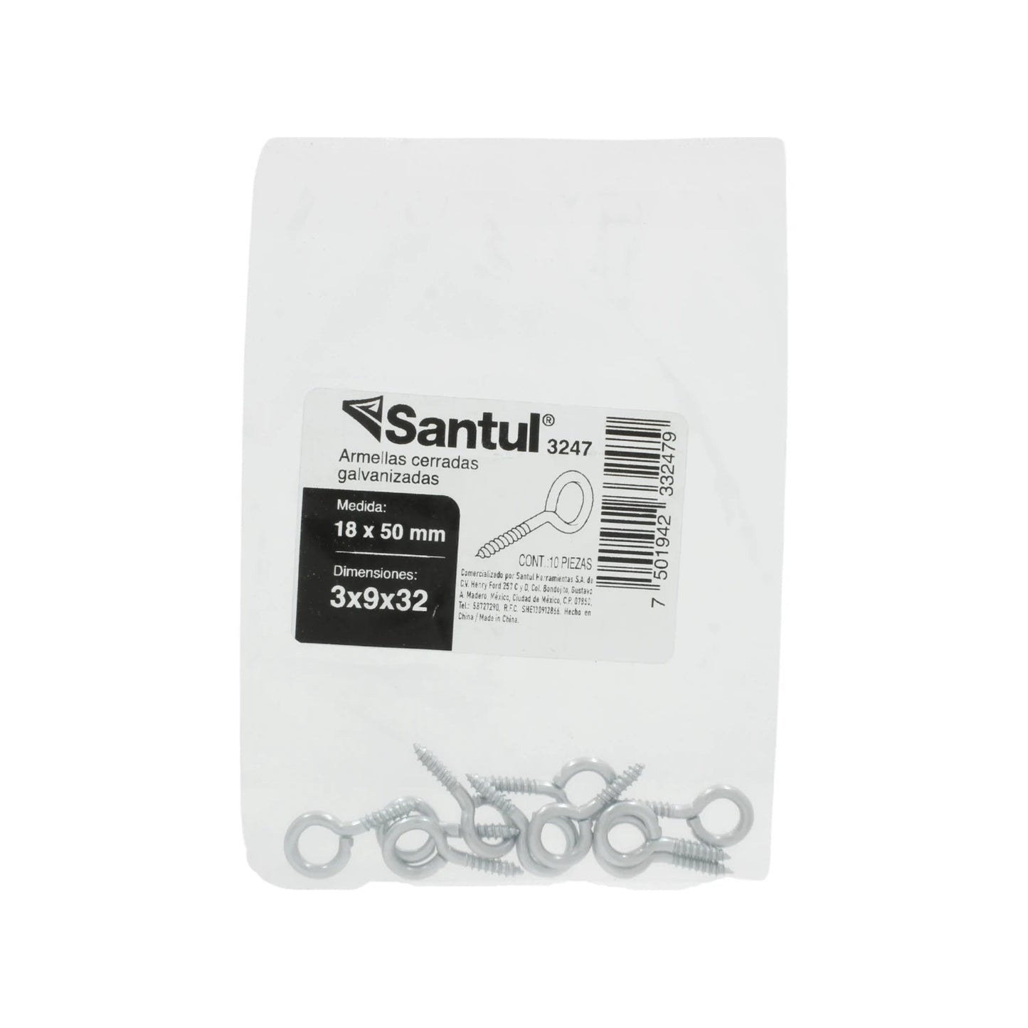10 armellas cerradas galvanizadas Santul 3247 de 18x50mm, tornillos de ojo plateados para fijación y suspensión.