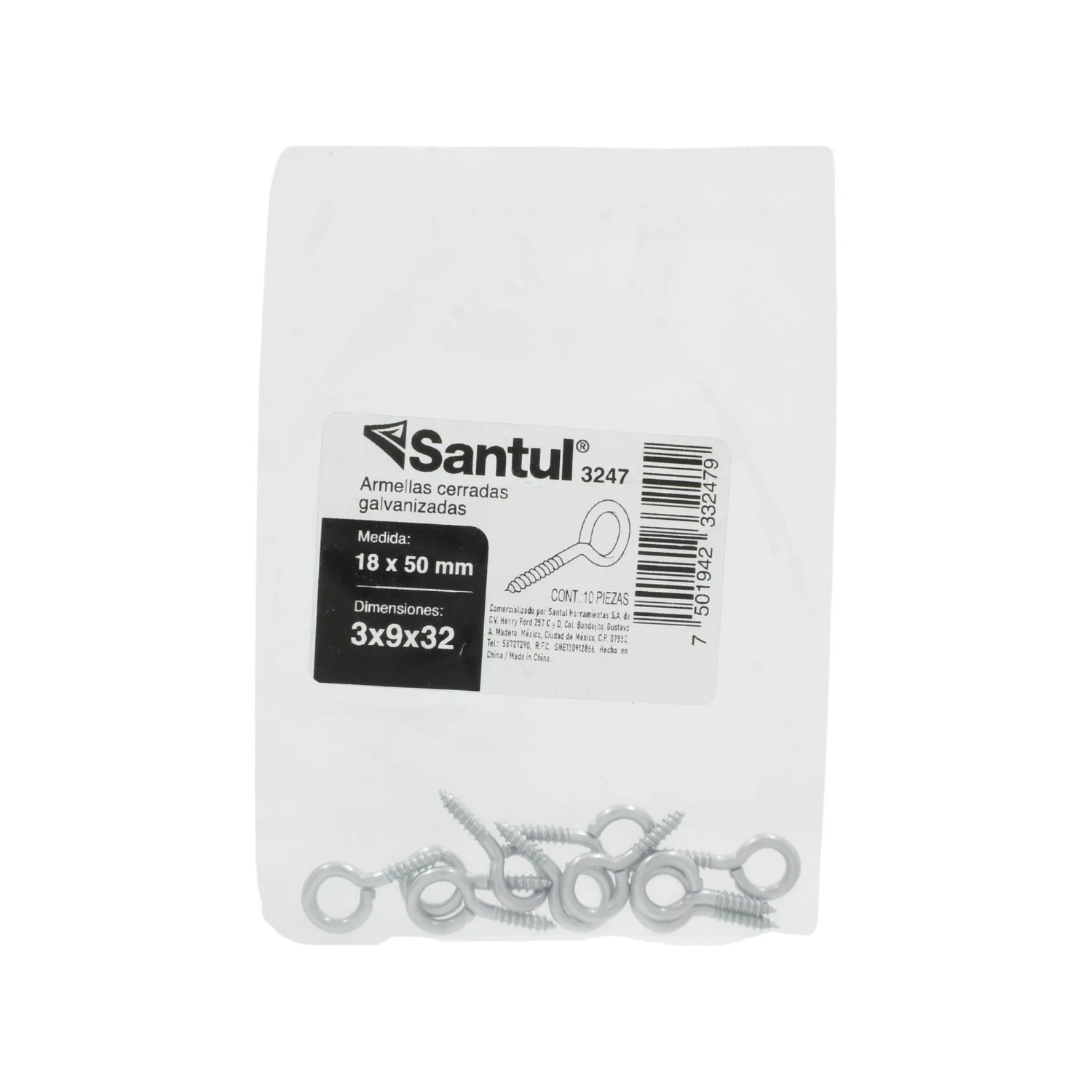 10 armellas cerradas galvanizadas Santul 3247 de 18x50mm, tornillos de ojo plateados para fijación y suspensión.