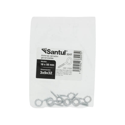 10 armellas cerradas galvanizadas Santul 3247 de 18x50mm, tornillos de ojo plateados para fijación y suspensión.