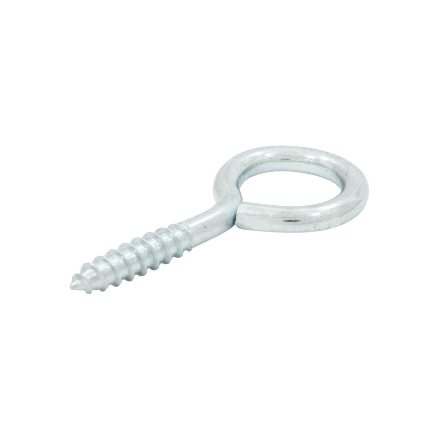 Armella cerrada metálica plateada con rosca, ideal para sujeción y colgar objetos en proyectos de ferretería