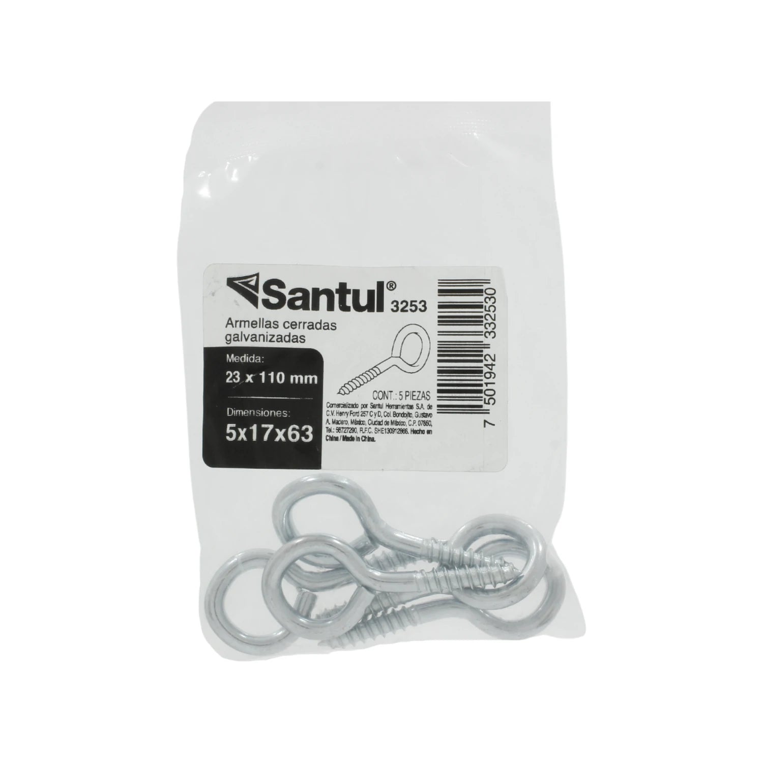 Armellas cerradas galvanizadas Santul 3253, medida 23x110mm, paquete de 5 piezas.