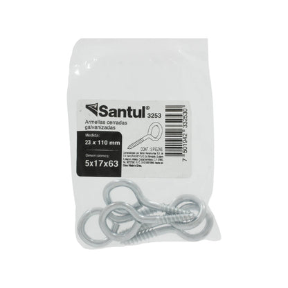 Armellas cerradas galvanizadas Santul 3253, medida 23x110mm, paquete de 5 piezas.