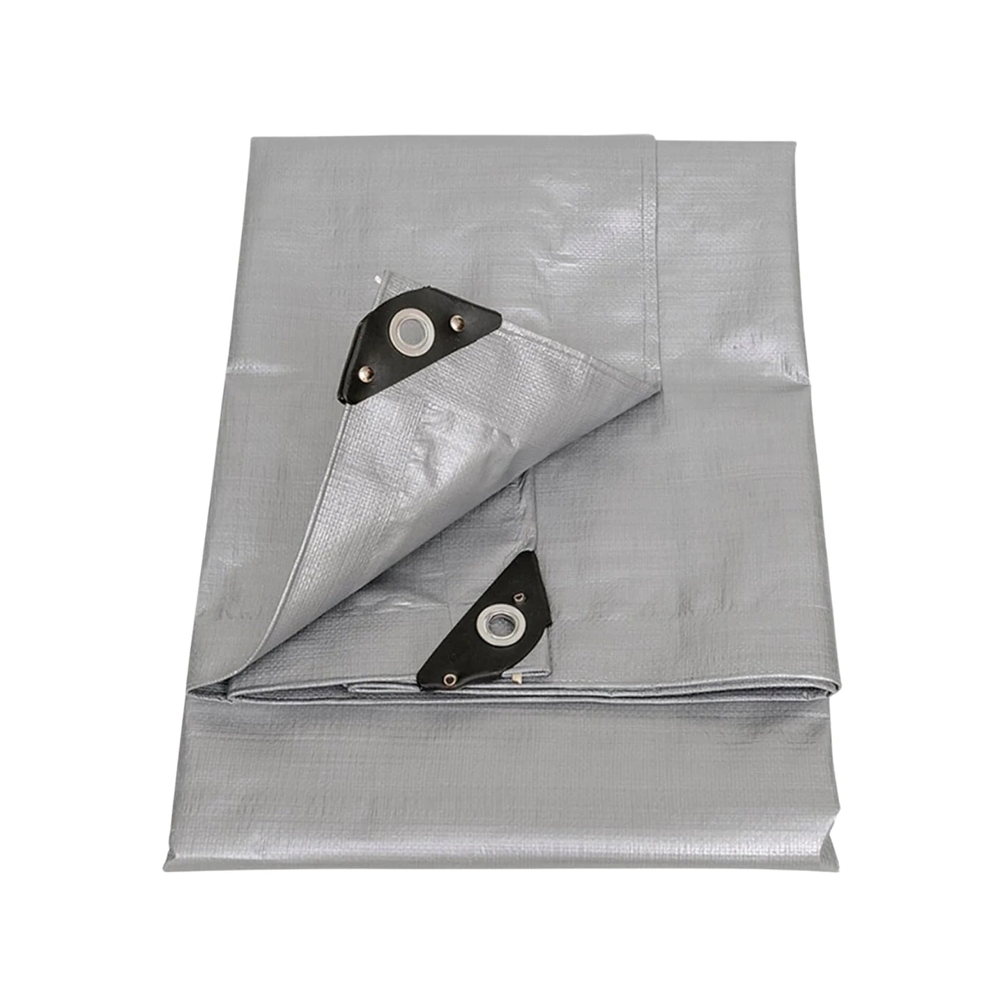 Lona gris de uso rudo plegada con ojales metálicos y esquinas negras reforzadas, para protección exterior